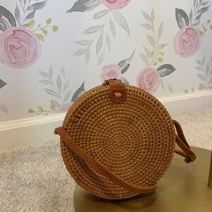 Handwoven Round Rattan Bag Shoulder Leather Straps Natural Chic Hand